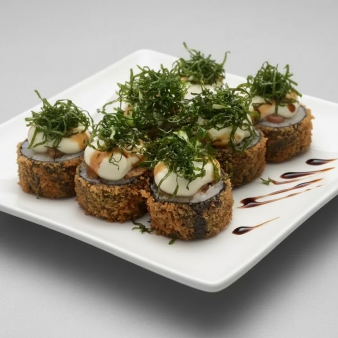 10 Unidades de Hot Rolls de salmão, coberto com Cream Cheese, Couve Crispy, tarê, cebolinha e gergelim. *Acompanha hashi, molho shoyu e tarê (Quantidade proporcional aos produtos adquiridos).