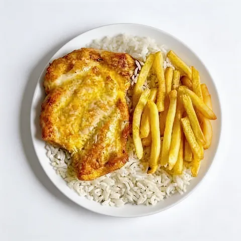 Suculento contra filé de frango, arroz soltinho, feijão bem temperado e batata frita dourada e crocante. Refeição completa, caseira e bem servida!