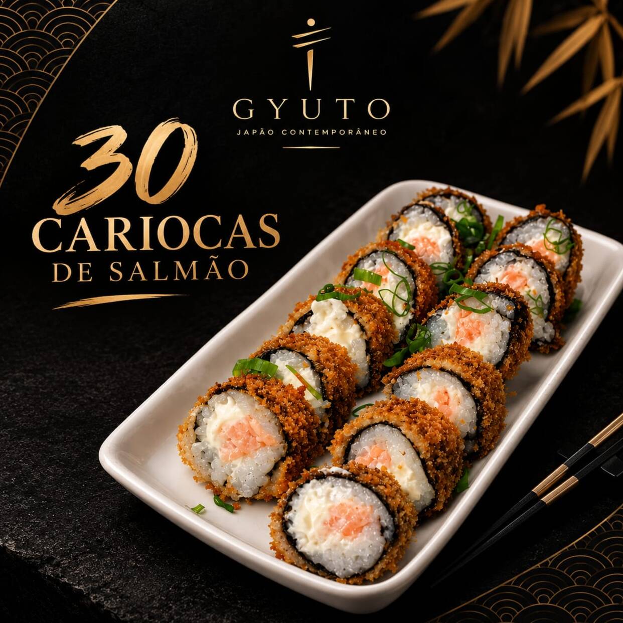 36 peças de carioca frito recheado com creme cheese e salmão fresco finalizado com cebolinha e gergelim