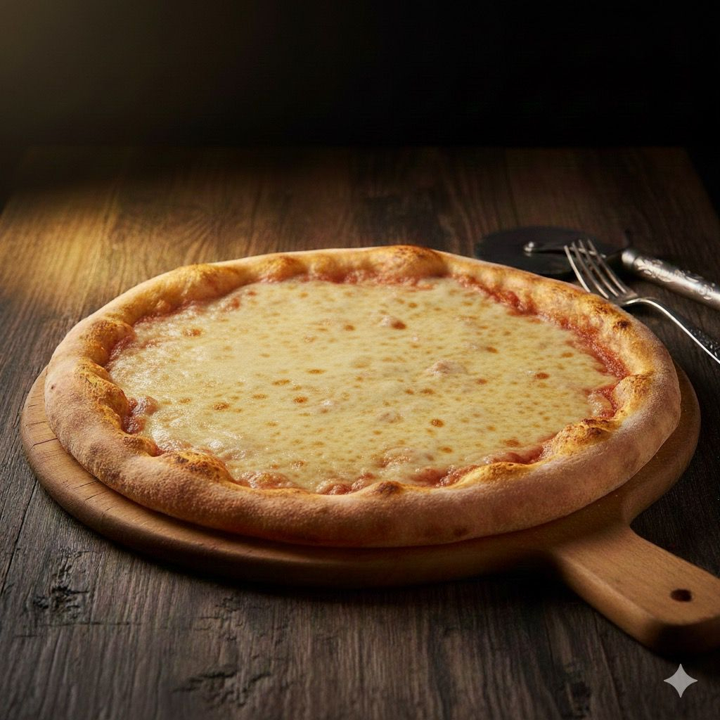 Massa tradicional, molho ao sugo, mussarela, presunto e orégano.