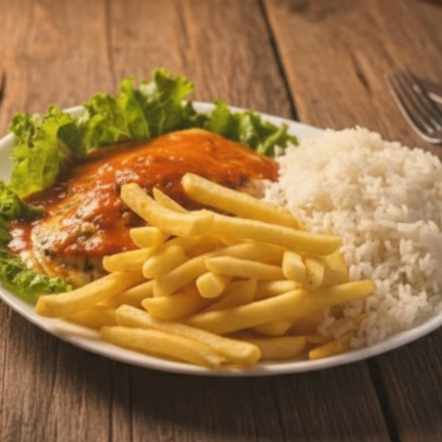 Filet mignon empanado, com delicioso molho de tomate, coberto com mussarela, acompanha (Arroz e Fritas)