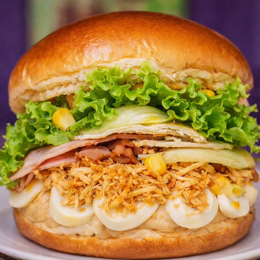 Pão de Hamburguer, frango desfiado, hambúrguer artesanal de 150 gramas, queijo, presunto, milho, ervilha, tomate, alface e maionese caseira