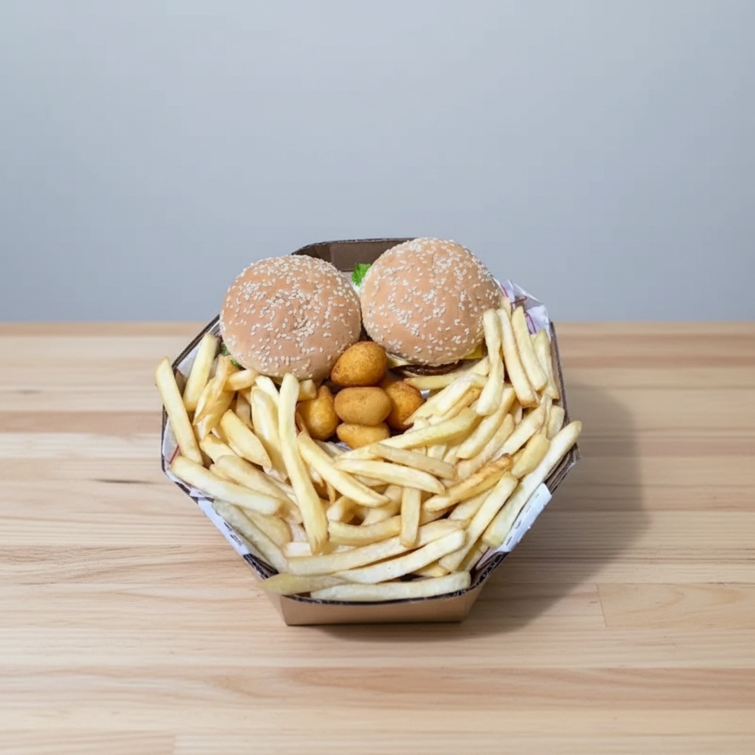 2 x tudo + 400 Gr batata + 8 SALGADOS OU NUGGETS.