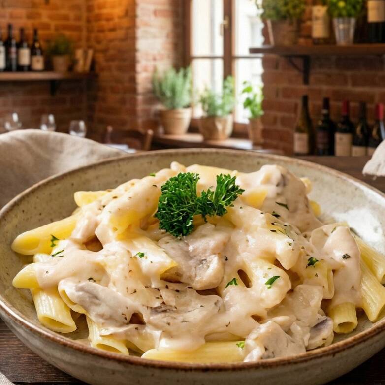 Delicioso macarrão penne envolvido em um strogonoff de frango super cremoso, feito com pedaços suculentos de frango, molho especial à base de creme de leite e um toque de tempero caseiro. Uma combinação irresistível de sabor e cremosidade que vai conquistar seu paladar em cada garfada! Frete Grátis, Promoção, Desconto, Cupom. Escolha o tamanho abaixo: