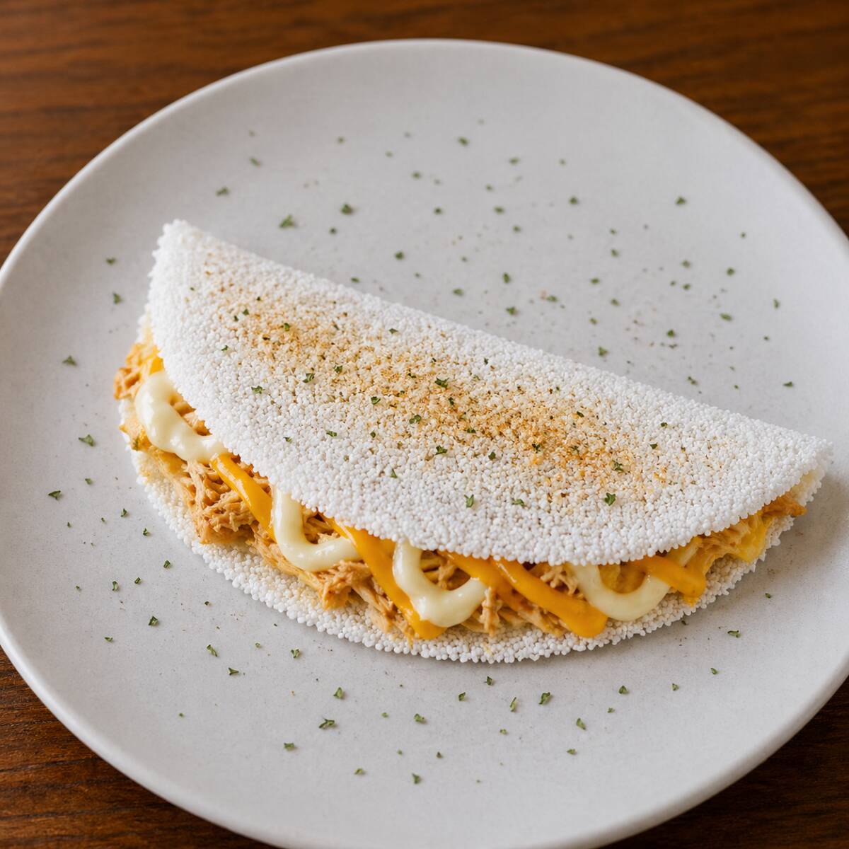 Uma tapioca gourmet preparada na hora, recheada com frango desfiado bem temperado e uma combinação irresistível de quatro queijos: requeijão cremoso, cheddar, queijo mussarela derretido e cream cheese. Uma explosão de sabor e cremosidade em cada mordida.