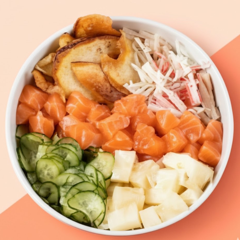 Arroz ( japones ) cubos de salmão com cream chees e cebolinha sunomono couve crisp e batata crisp