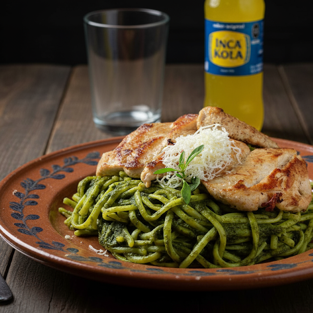 Tallarines Verdes con Filete de Pollo +inca Kola