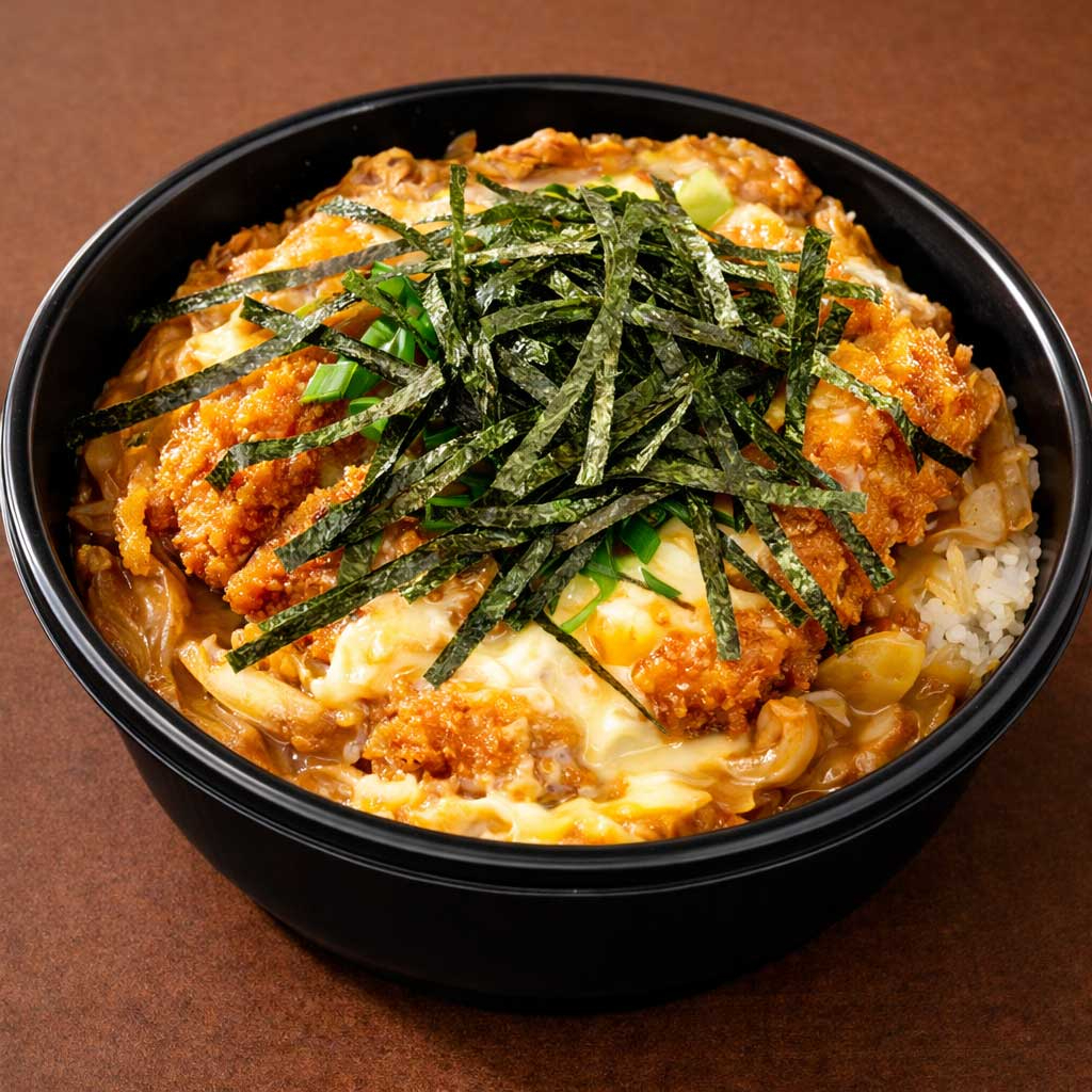 Este prato consiste em contra filé empanado refogado em cebola, ovo e molho especial. Este refogado vai sobre uma porção de arroz japonês (gohan). Porção para uma pessoa.