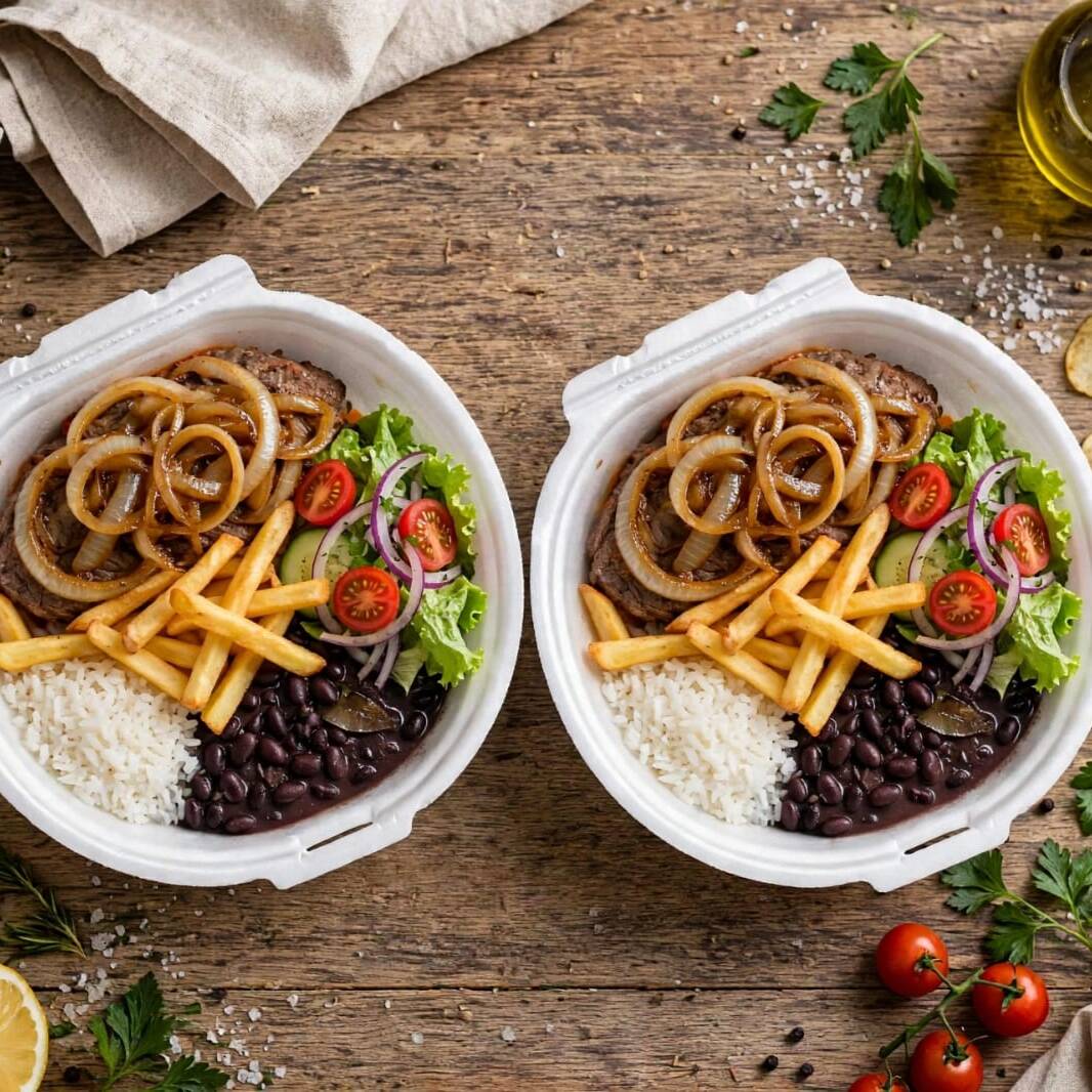 2 marmitas Bife De Patinho Macio E Suculento Com Cebola Caramelizada Acompanha Arroz Bem Soltinho, Feijão Preto fresquinho, macarrão com molho, farofa da casa crocante, Batata Frita sequinha . comida Que Exala Sabor D" Casa.