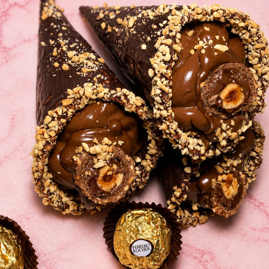 Delicioso cascão trufado, banhado em chocolate blend, recheado c/ nosso creme belga gourmet, brownies picadinhos,amendoim, finalizado c/ Nutella e bombom Ferrero Rocher !