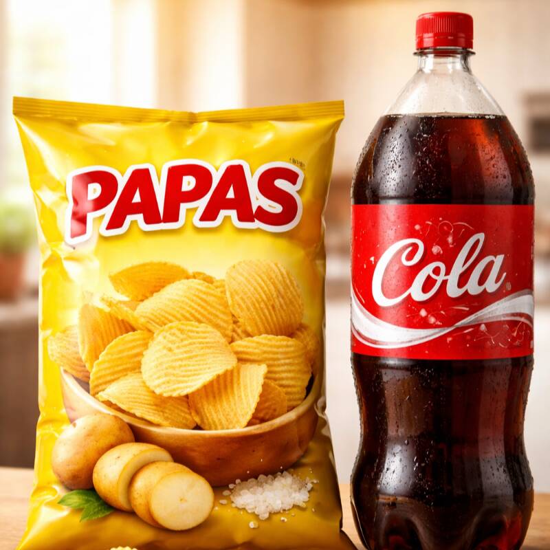 papas y Refresco de cola de 2 litros