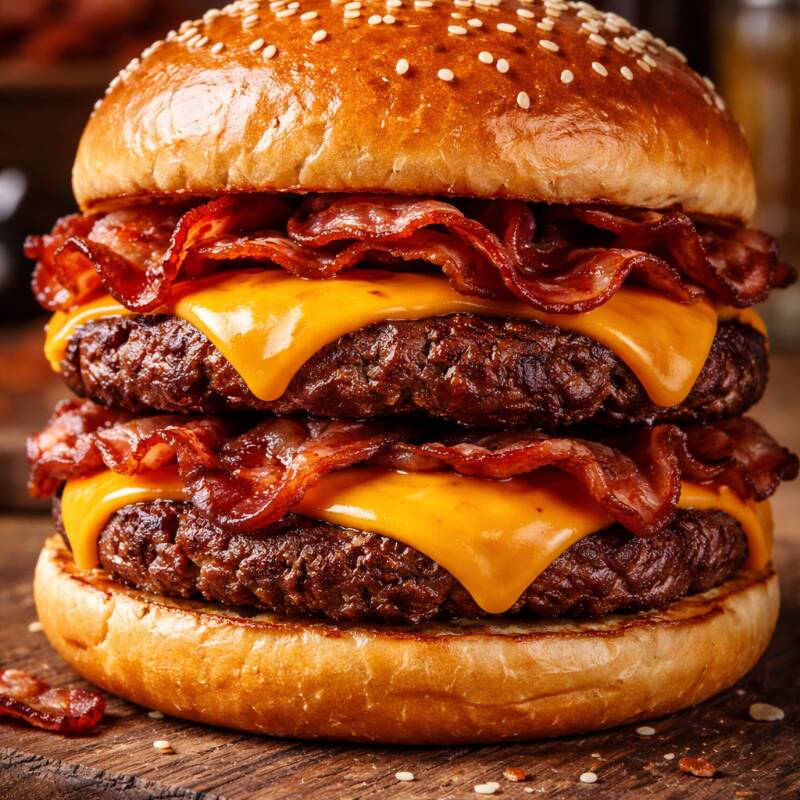 Pão, dois hamburgueres, cheddar e bacon