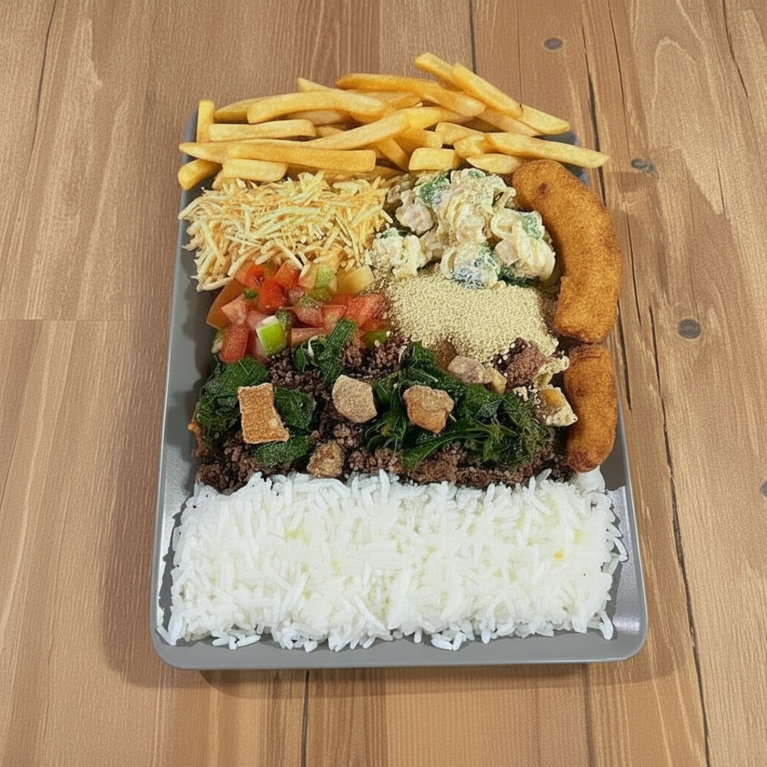 Guarnição para 2 pessoas com arroz, feijão tropeiro, salpicão, macarronese, batata frita, farofa, molho à campanha e banana à milanesa com 2 espetos á sua escolha. Ideal para compartilhar.