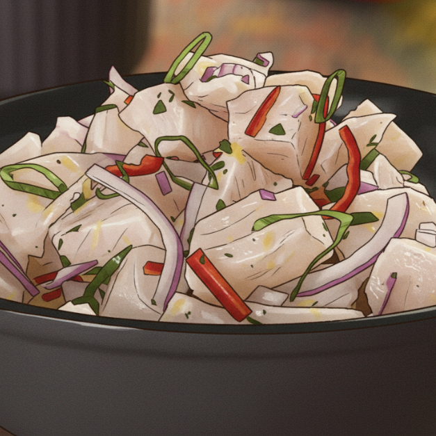 Cubos de peixe marinado com limão, cebola roxa e temperos frescos.