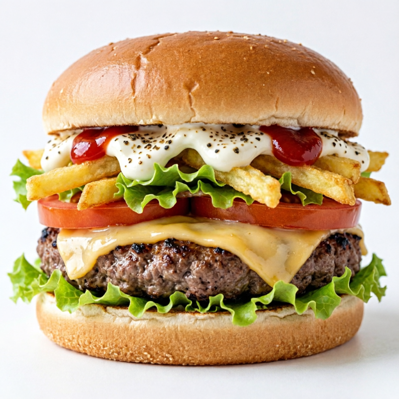 Pão, carne, queijo, alface, tomate, batata palha, ketchup, maionese temperada