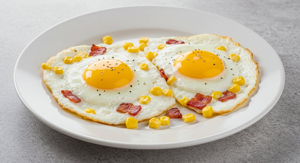 Huevos fritos con maíz y tocineta.