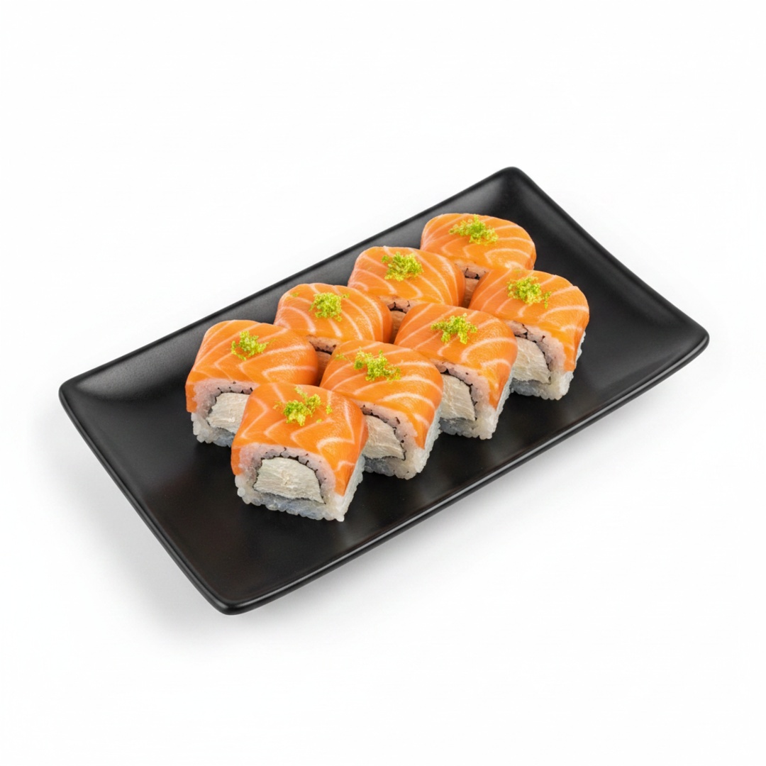 Makimono sem nori (alga) com salmão e cream cheese finalizado com tiras de salmão e raspas de limão.