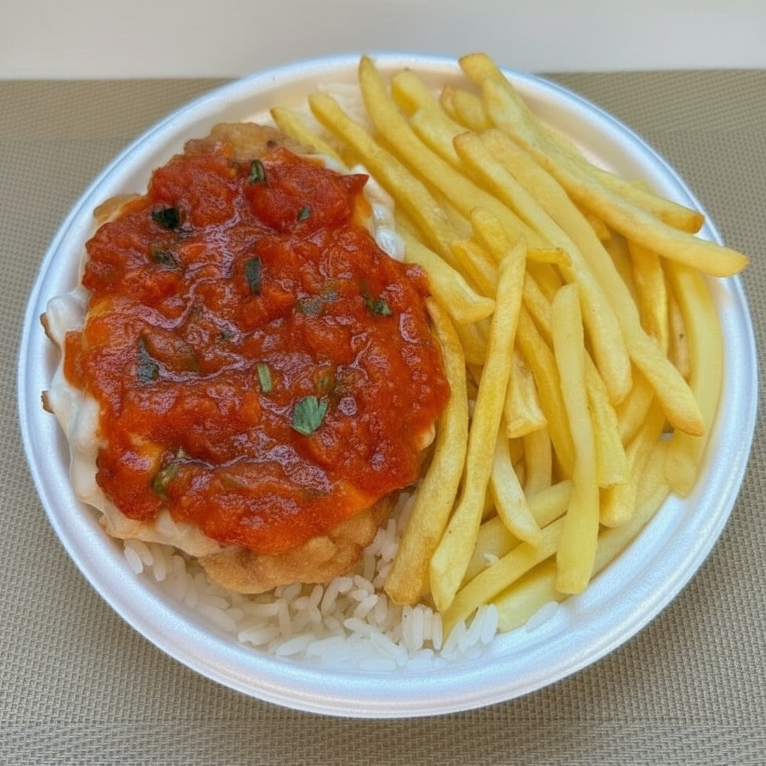 300g de arroz, parmegina de frango, 100g de batata frita