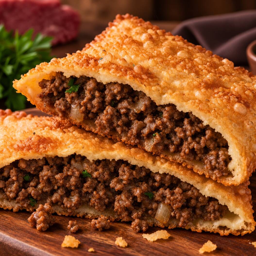 Pastel crocante e sequinho, recheado com carne moída bem temperada e suculenta, preparado na hora.