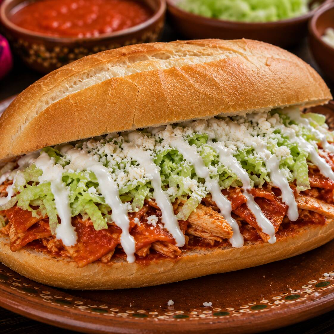 Torta de Chilaquiles Roja con Pollo