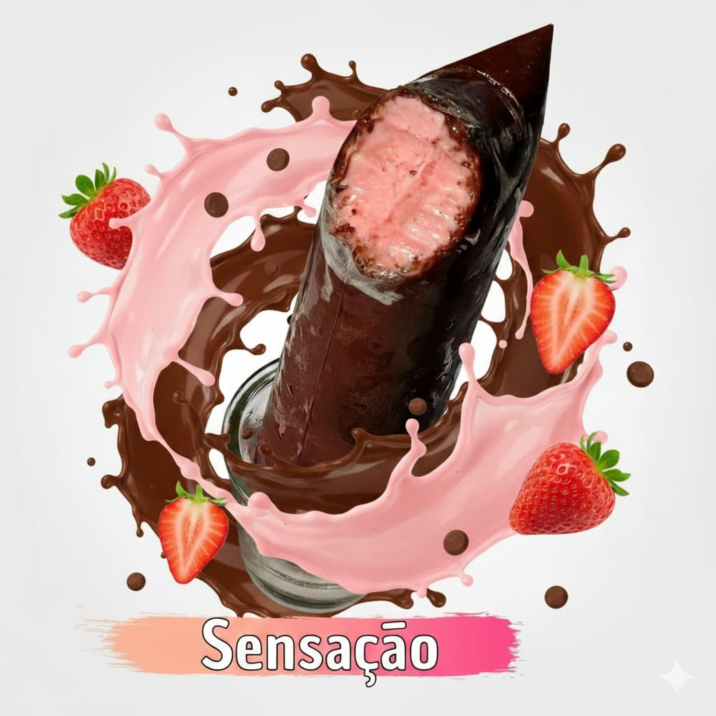 Uma explosão de sabor que vai te conquistar na primeira mordida! Nosso sacolé Sensação é uma deliciosa releitura do famoso bombom: creme geladinho de morango super cremoso, combinado com uma irresistível calda de chocolate que traz aquele contraste perfeito entre doce e refrescante. Cada gole é como saborear o clássico bombom, só que bem gelado e ainda mais viciante. Ideal para quem ama morango com chocolate e quer se refrescar com muito sabor. Peça agora e sinta essa tentação gelada! ❄️😋🍓🍫