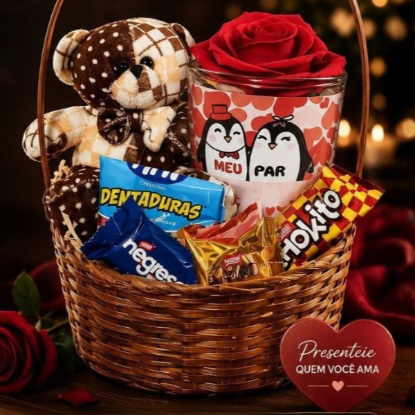 Descrição:
- Ursinho de pelúcia Carinho que abraça
- Xícara temática romântica escrita Frente '' Meu Par'', Verso ''Você coisou meu coração''
- Rosa Vermelha
- Deliciosos chocolates Nestlé
- Fini docinho dentaduras
- Linda cesta reutilizável
Surpreenda quem você ama com essa cesta maravilhosa!
Cesta irá devidamente embalada em saco celofane e laço, de acordo com o tema.