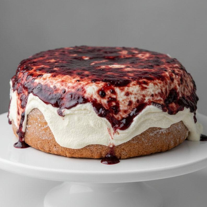 🍓🥛🌋 Vulcão de Geleia de Frutas Vermelhas com Creme de Ninho Equilíbrio entre o frescor da geleia artesanal e a leveza do creme de ninho. ✨ Doce na medida certa, impossível resistir! *_Serve aprox. 8 fatias (900g)_*