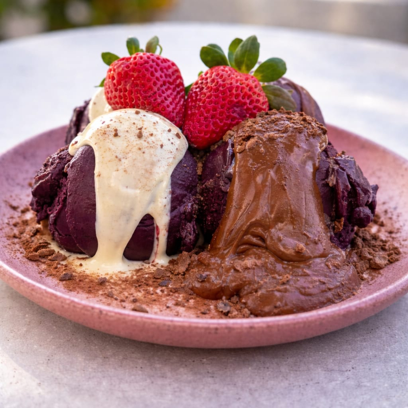 Um mar de Creme de Ninho e Nutella, com quatro bolas do nosso Açaí Artesanal, acompanhado de Morangos frescos, com uma leve crocância de Ovomaltine!