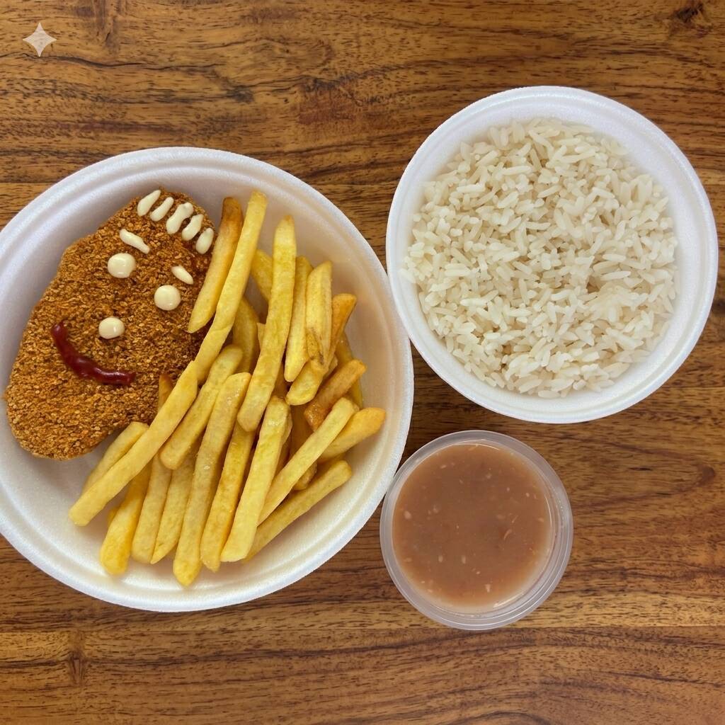 Quem disse que almoço não pode ser divertido? Preparamos uma combinação imbatível que é sucesso garantido com os pequenos: nosso steak de frango super crocante, batatinhas fritas douradinhas, acompanhados do nosso arroz soltinho e feijão com tempero de casa. É o combustível perfeito para muita brincadeira!