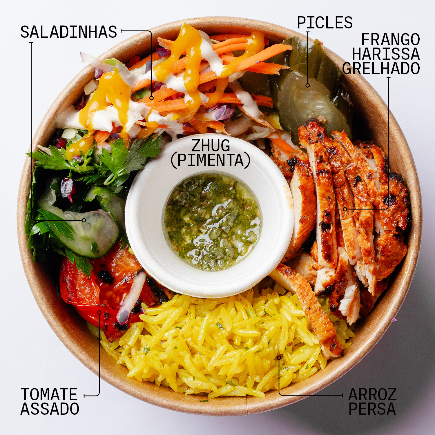 ARROZ PERSA, FRANGO, PICLES, TOMATE ASSADO, MOLHO TAHINE + AMBA E ZHUG, SALADA BOWL