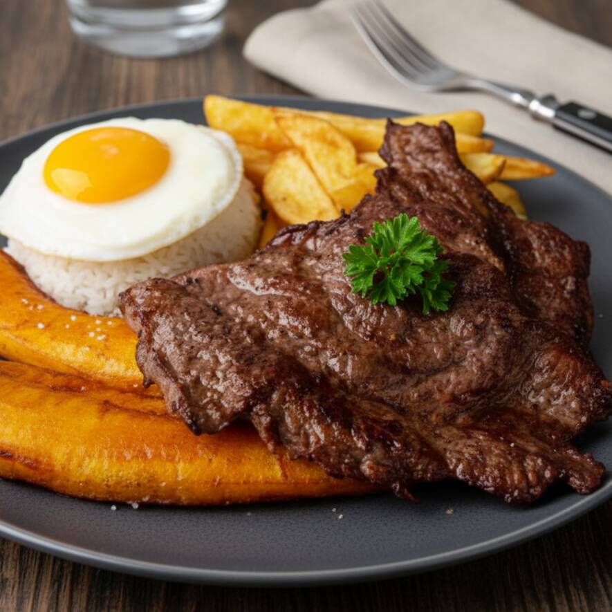 Bisteck a Lo Pobre con Papas Fritas más Plátano