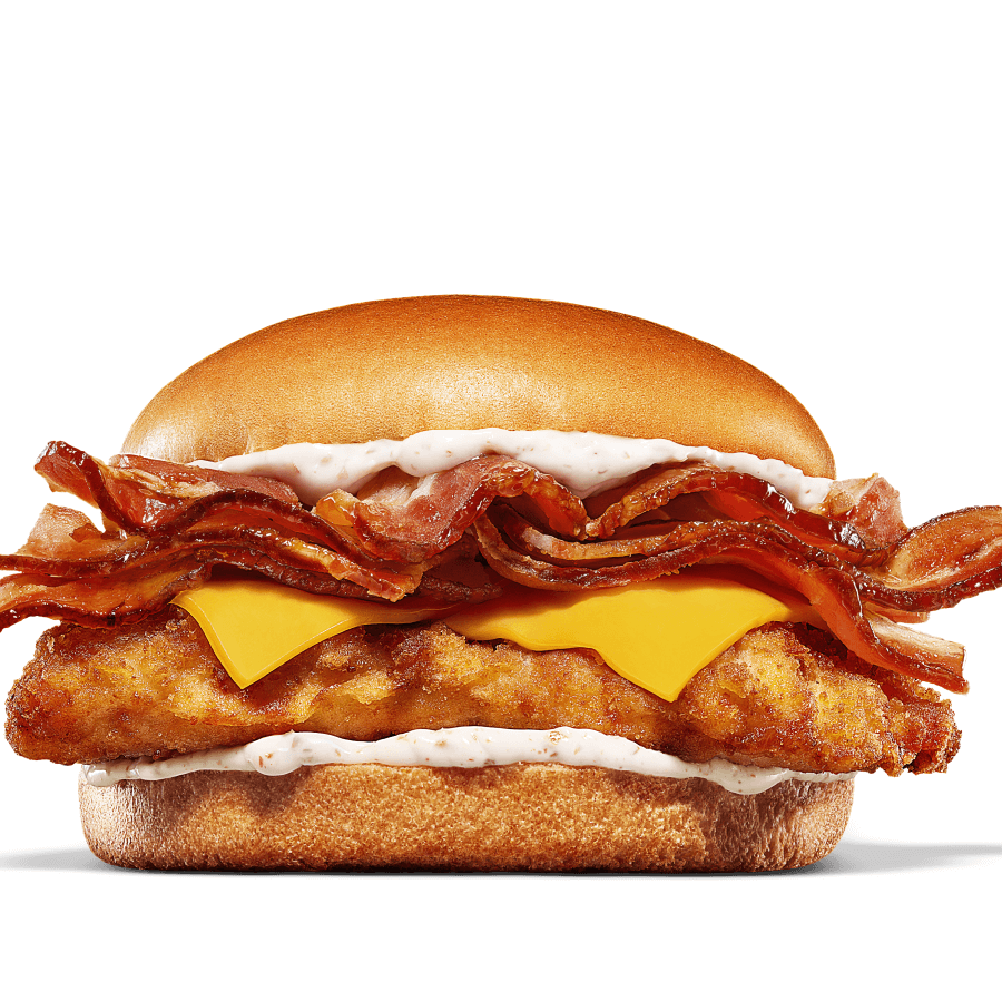 Chegou o novo King Bacon Chicken! 100% peito de frango empanado, uma generosa porção de 6 fatias de bacon, 2 camadas da nossa irresistível Baconese e 2 fatias de queijo sabor cheddar em um pão brioche. A escolha perfeita para os amantes de bacon!