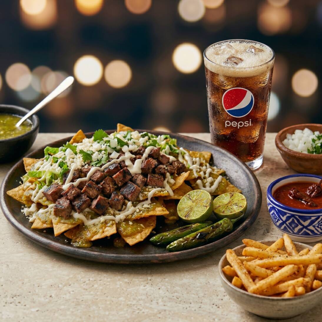 Chilaquiles De Carne Asada, Papas Fritas & Bebida