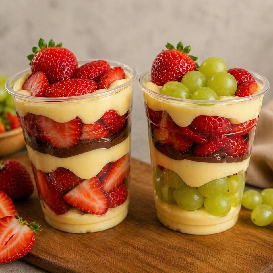 Copos composto de morangos frescos e uvas verdes sem semente com um toque de Nutella no meio