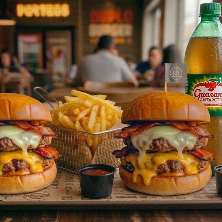 2 Duplo burguer cheddar bacon + 1 batata frita de 500g + 1 refrigerante de 1L (Coca ou guaraná antarctica dependendo da disponibilidade do dia)