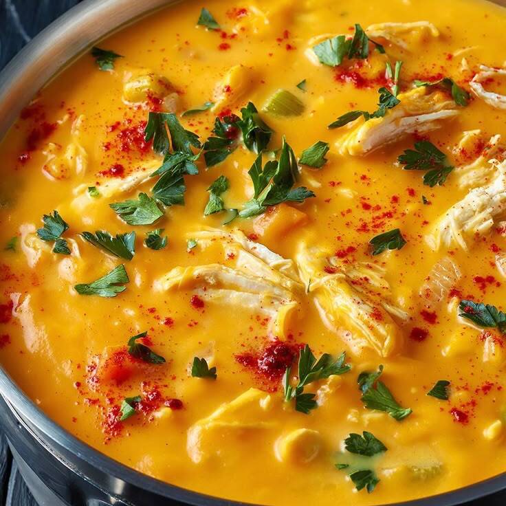 Experimente o delicioso caldo de Abóbora com frango desfiado e milho, feito com ingredientes de altíssima qualidade, você vai ador