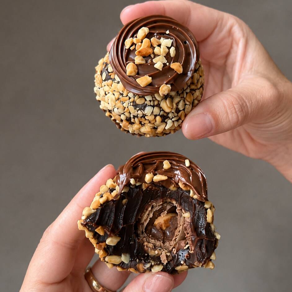 Brigadeirão: Brigadeiro de chocolate meio amargo, bombom Ferrero, finalizado com amendoim granulado e Nutella