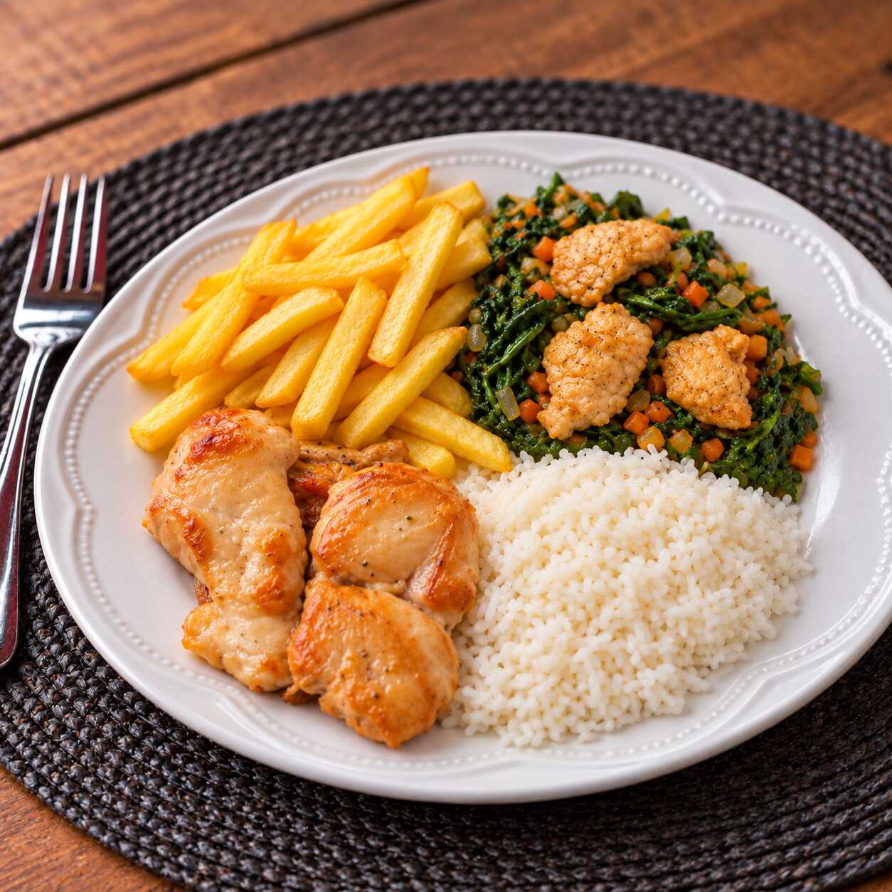 Filé de frango (200g) com mandioca cozida, ovo cozido e mix de alface, repolho e cenoura. Uma opção leve, equilibrada e bem servida para uma refeição completa.