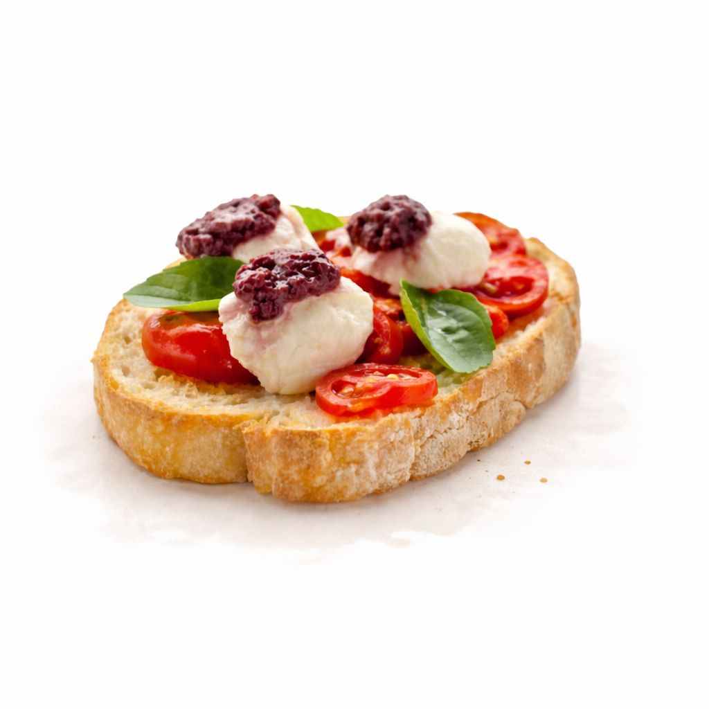 Tomates-cereja, muçarela de búfala, pesto de azeitona preta e manjericão. (3 unidades)