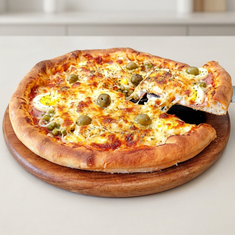 Molho de tomate fresco, presunto cozido, mussarela, ovos cozido, ervilha, cebola, oregano