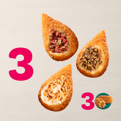 3 Coxinhas Clássicas + 3 Minichurros de Doce de Leite por um preço especial. Corre e garanta essa delícia agora mesmo! Delícia que dá gosto! Cuidado, recheio quente.
