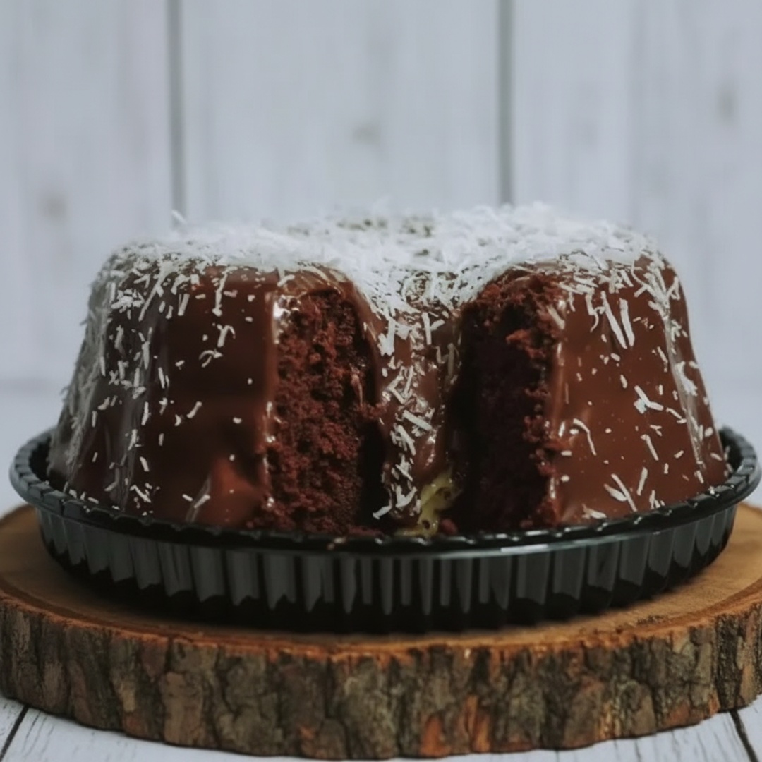 Delicioso Bolo caseiro, massa de chocolate, recheado no meio com prestígio sabor beijinho, com cobertura deliciosa de brigadeiro.
