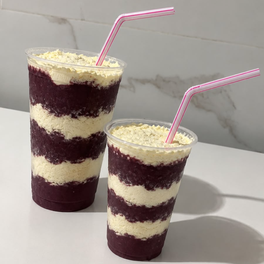 Vitamina de açaí 700ml e 300ml batida com leite e banana com 3 camadas de leite em pó