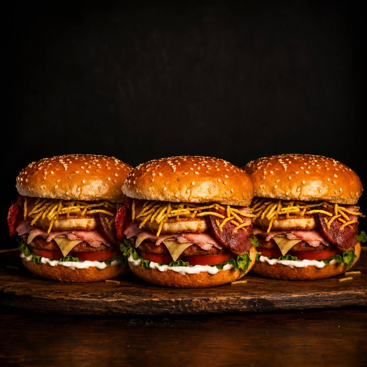 3 Clássicos para compartilhar: Pão selado na chapa, maionese de alho, alface, tomate, hamburguer, queijo muçarela, presunto, ovo, bacon, batata palha.
