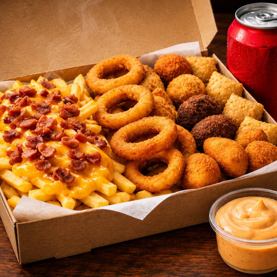 200g batata com cheddar e bacon, 200g anéis de cebola, 15 salgados sortidos, 1 molho, Coca-Cola lata 350ml.