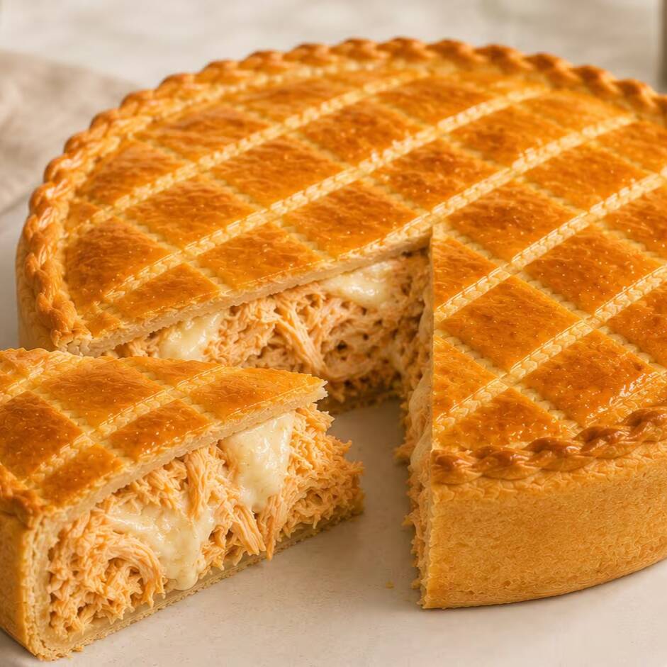 Torta Havanna, feita com massa leve e recheio de frango desfiado com requeijão cremoso. Uma combinação saborosa, perfeita para qualquer momento do Dia.