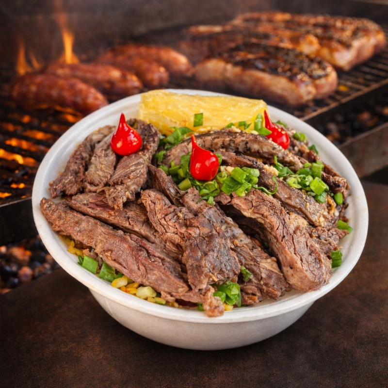 Nosso Delicioso Baião De Dois, É Feito Com Linguiça Defumada sadia, Cebola, Arroz, Feijão De Corda Legitimo, queijo coalho, Regado Com Manteiga De Garrafa Pra Deixar Aquele Sabor Inconfudivel, Tempero Baiano, Coloral E Salsinha. Acompanha Mandioca Frita Na Manteiga, e um suculentas tiras de fraldinha. Finalizado Com Cebolinha, Pimenta Biquinho e alho frito.