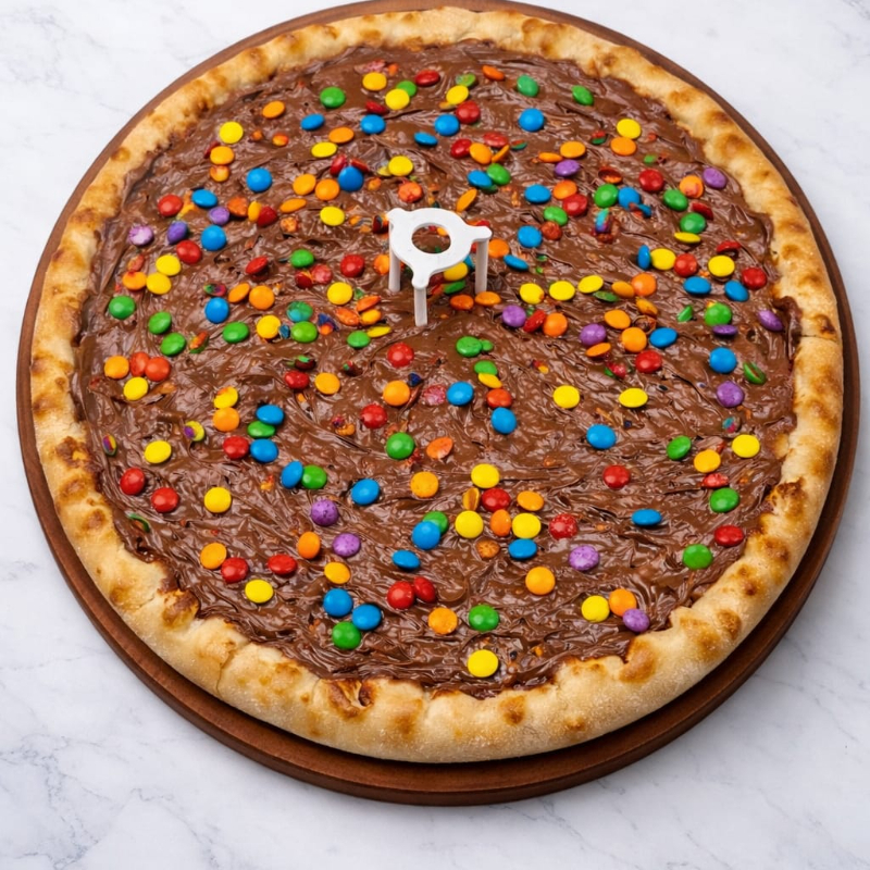 Massa de pizza doce com recheio de chocolate, como brigadeiro ou chocolate derretido, finalizada com M&M's.