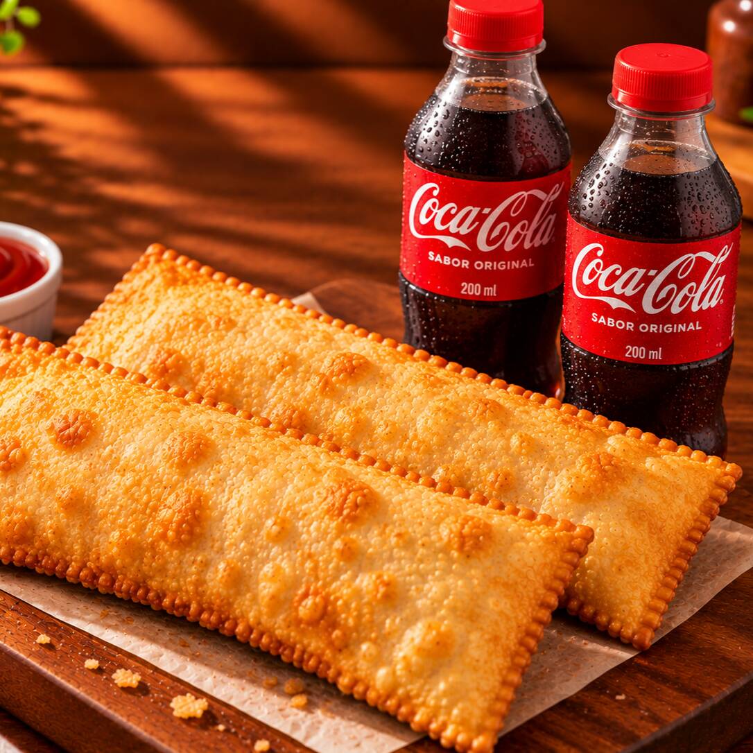 Um combo perfeito para compartilhar com alguém especial! São 2 pastéis salgados à sua escolha, preparados com massa crocante e recheios saborosos, acompanhados de 2 Coca-Colas de 200ml. Escolham seus sabores favoritos e aproveitem juntos essa combinação deliciosa!