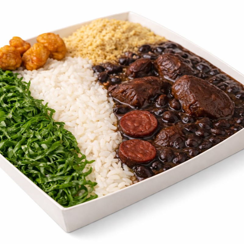 Feijão preto encorpado e bem temperado, preparado com linguiça, pernil e seleção de proteínas, servido com arroz branco soltinho, farofa especial bem temperada, couve refogada no ponto certo e torresmo crocante para finalizar. Um prato tradicional, saboroso e cheio de personalidade. aprox 500g